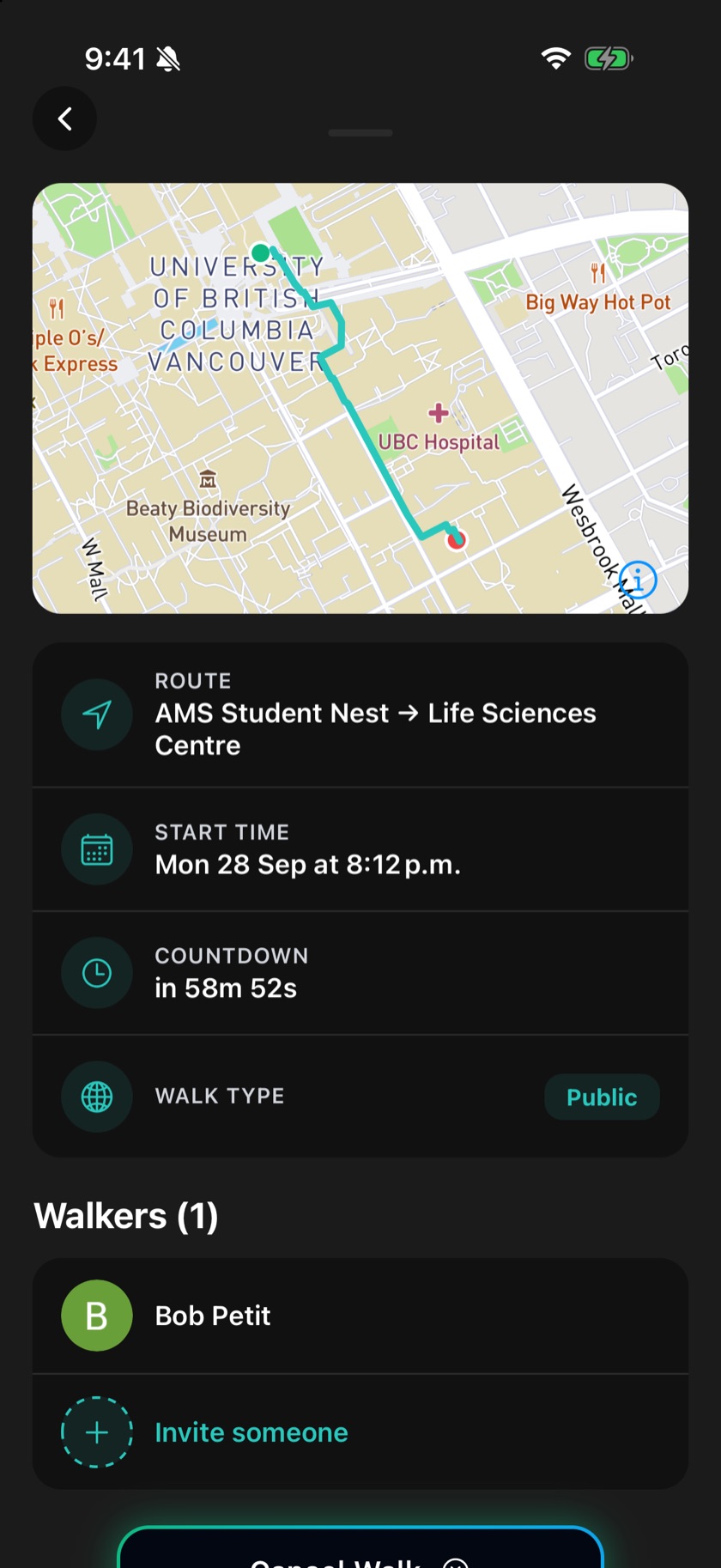 A walk's route, countdown and accepted walkers