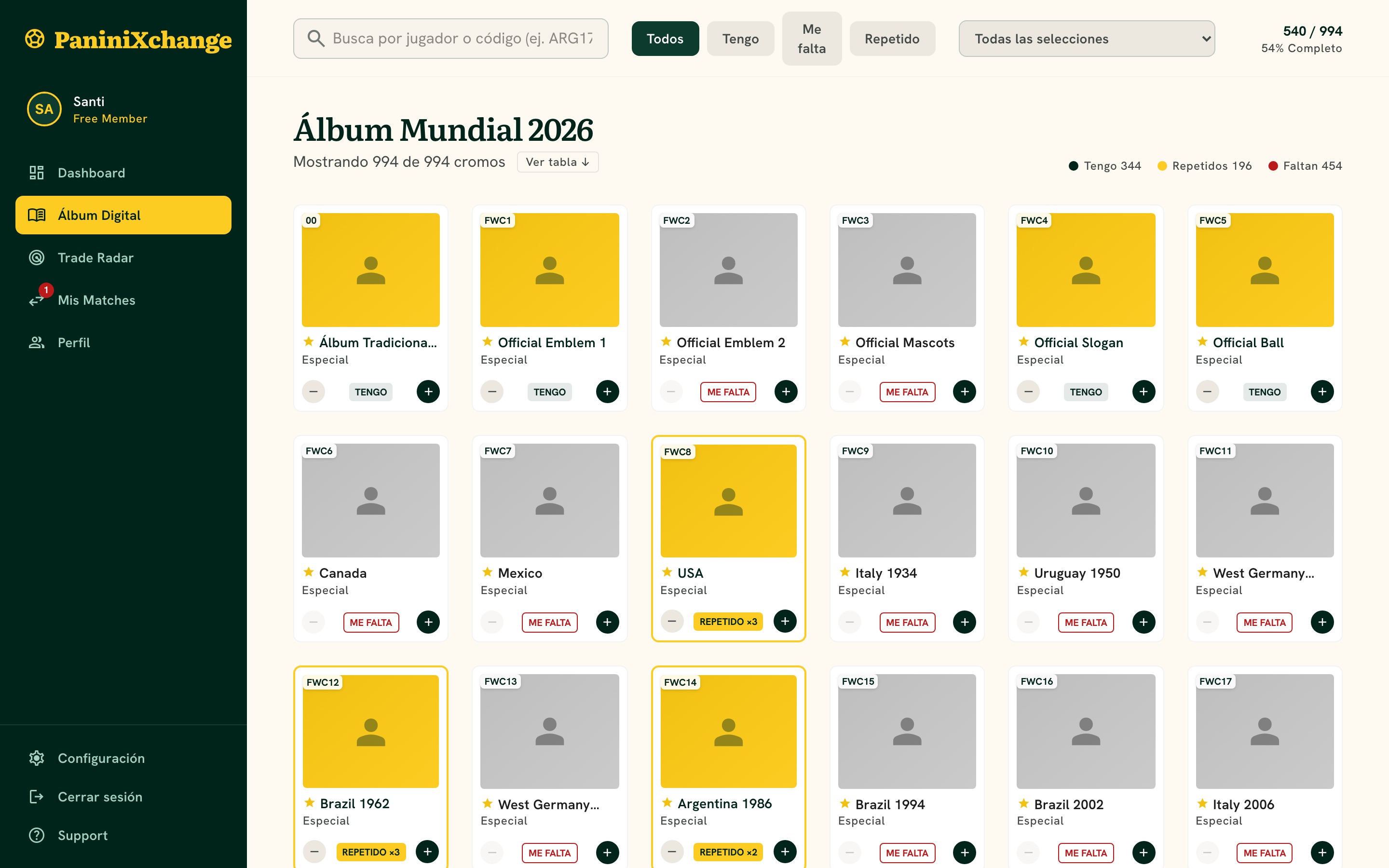 The album: 994 stickers, filtered by what you have, lack or repeat