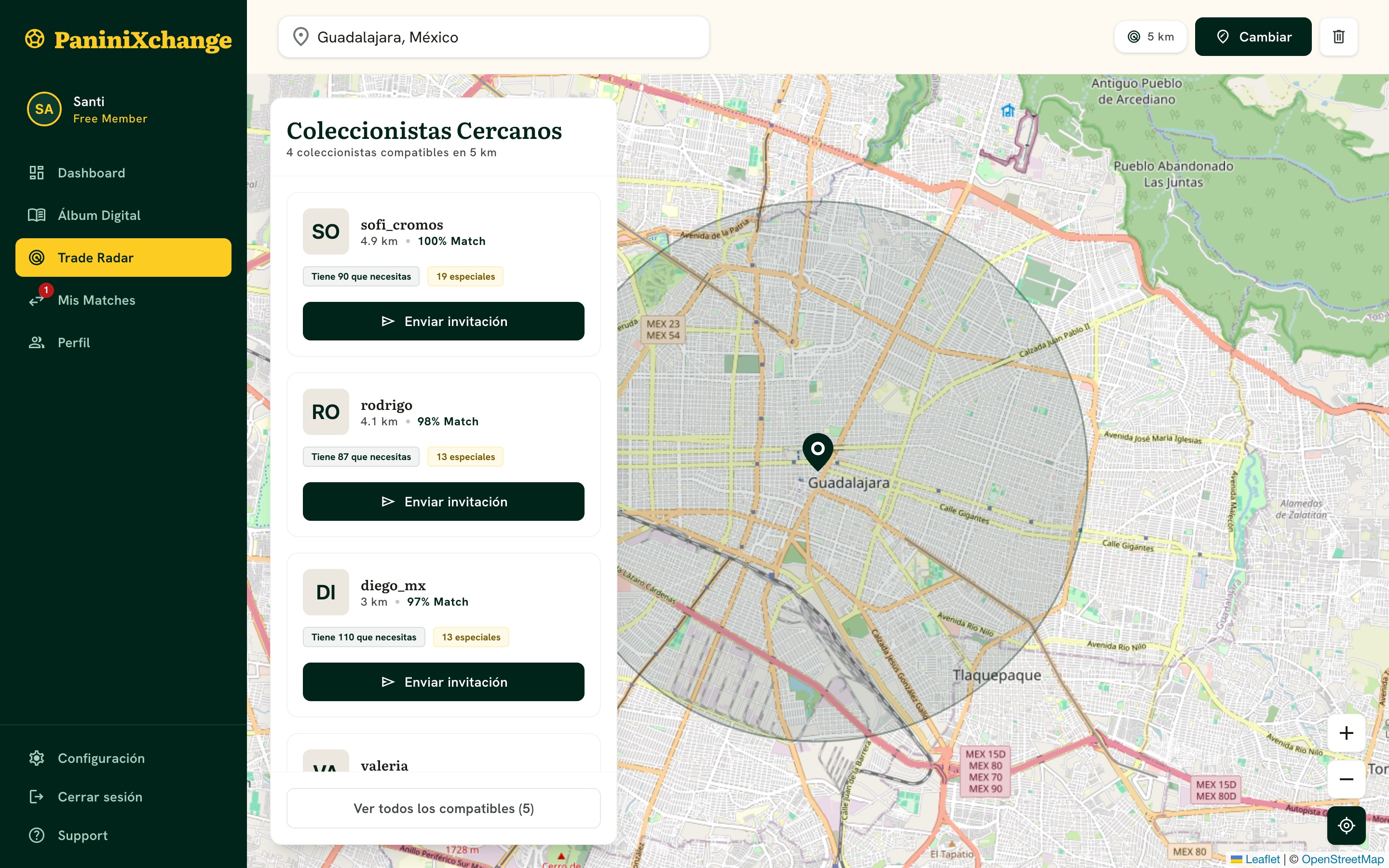 Radar: compatible collectors within 5 km