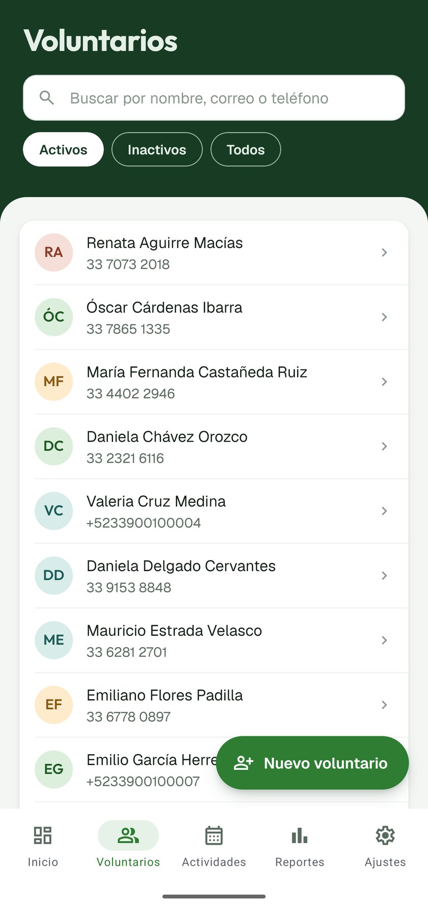 Volunteers, searchable by name, email or phone